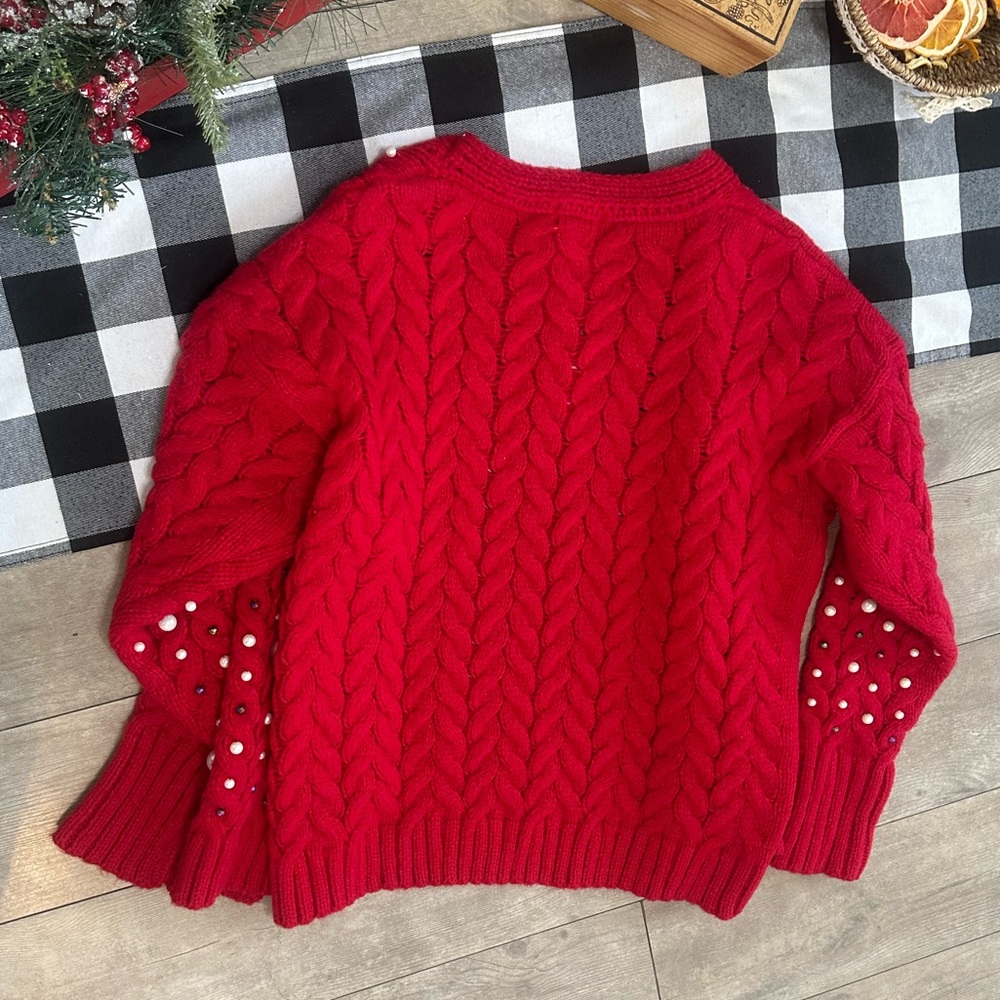 New BiBi Luxury Pearl & Rhinestone Chunky Knit Holiday Cardigan Grannycore Small - Picture 13 of 16